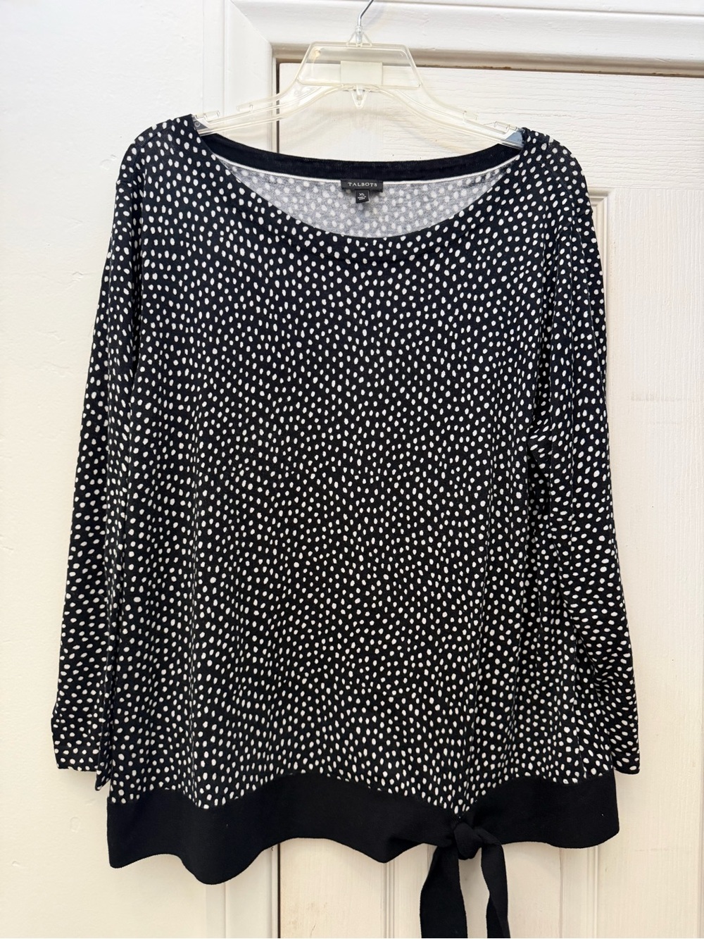 Talbots Black and White Polka Dot Tie-Hem Long Sleeve Blouse